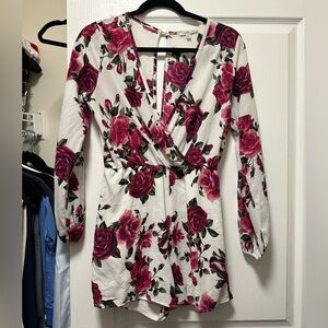 White Floral Romper with Pink Rose Print
